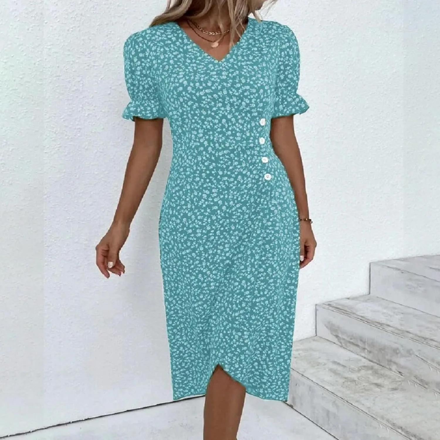 Beach Dresses for Women 2025 Spring Trendy Elegant Wrap V Neck Floral Boho Sundress High-Low Hem Flowy Midi Dress