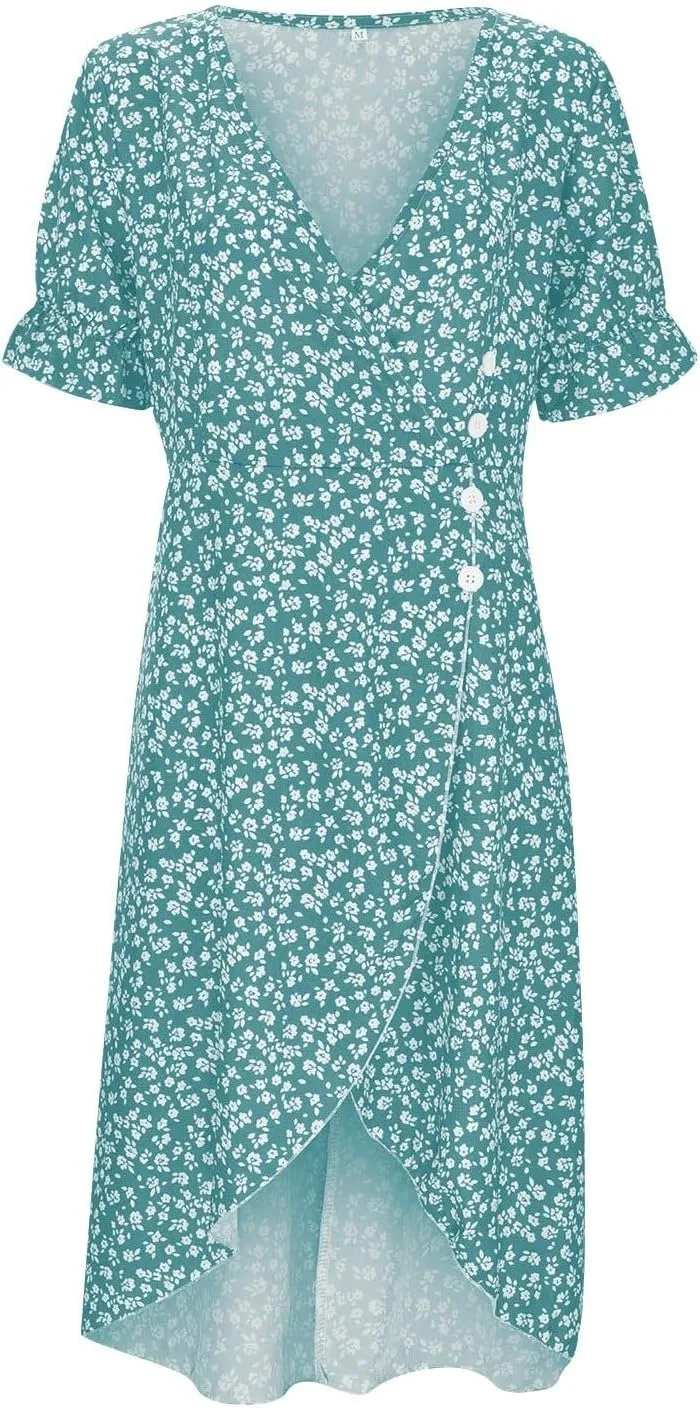 Beach Dresses for Women 2025 Spring Trendy Elegant Wrap V Neck Floral Boho Sundress High-Low Hem Flowy Midi Dress
