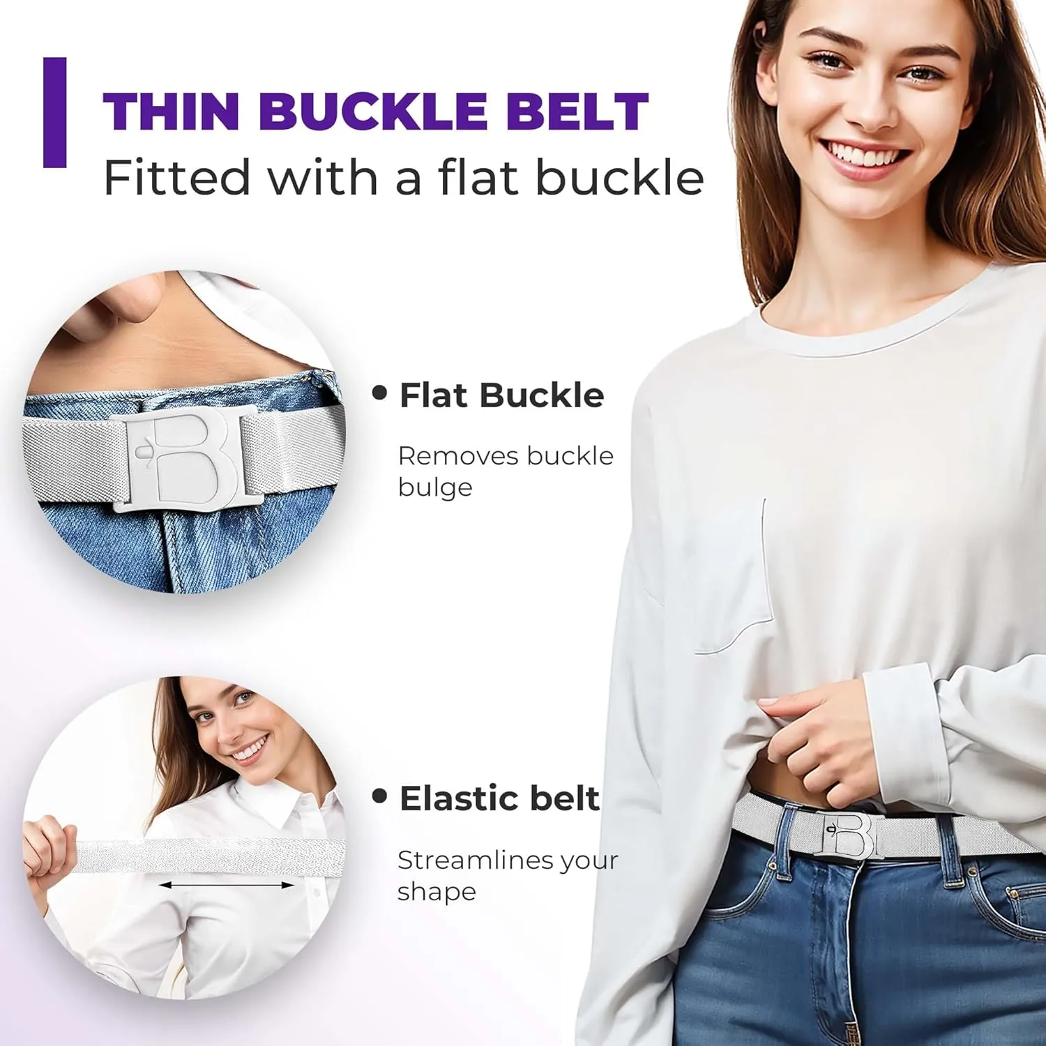 BELTAWAY Easily Adjustable No Show Women Stretch Belt Invisible Elastic Belt with Flat Buckle for Jeans Pants Dresses