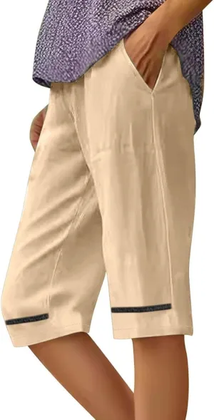 Bermuda Drawstring Beach Shorts Wide Leg Linen Shorts Elastic High Waisted Pleated Casual Loose Bermuda Shorts, Large
