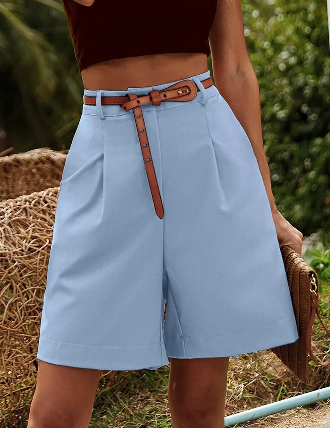 Beyove Shorts for Women Bermuda Shorts Casual Elastic High Waisted Wide Leg Shorts Knee Length Summer Shorts with Pockets