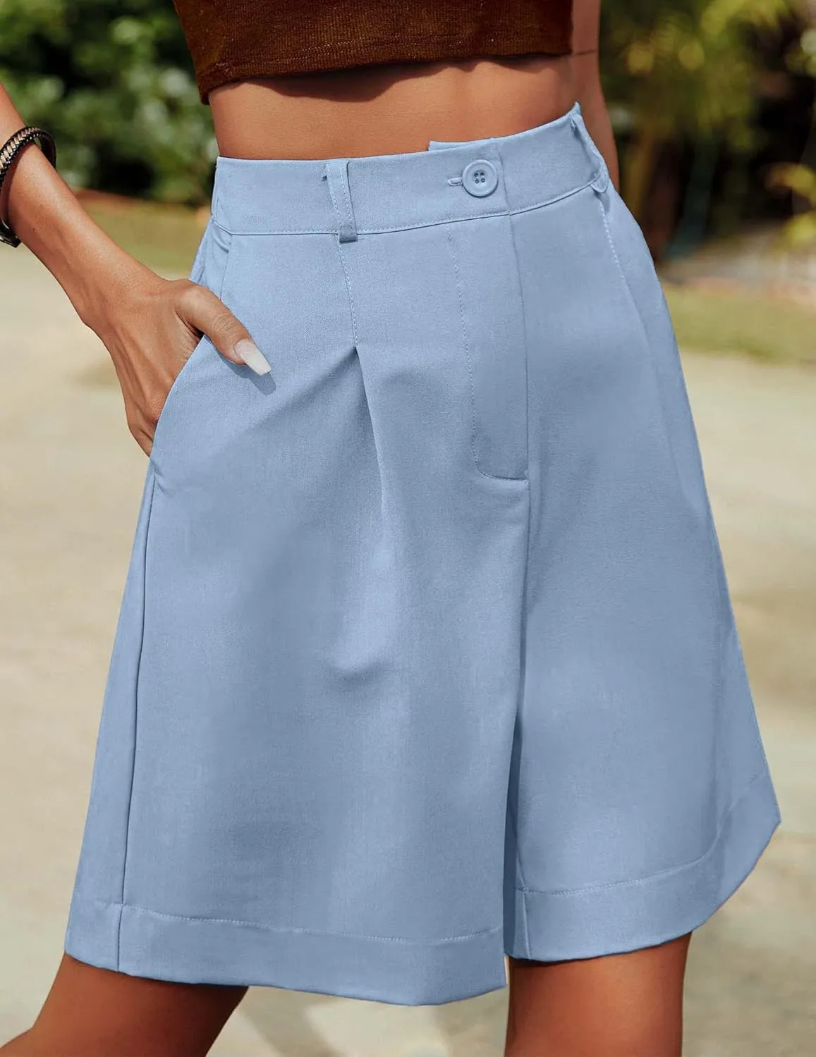 Beyove Shorts for Women Bermuda Shorts Casual Elastic High Waisted Wide Leg Shorts Knee Length Summer Shorts with Pockets