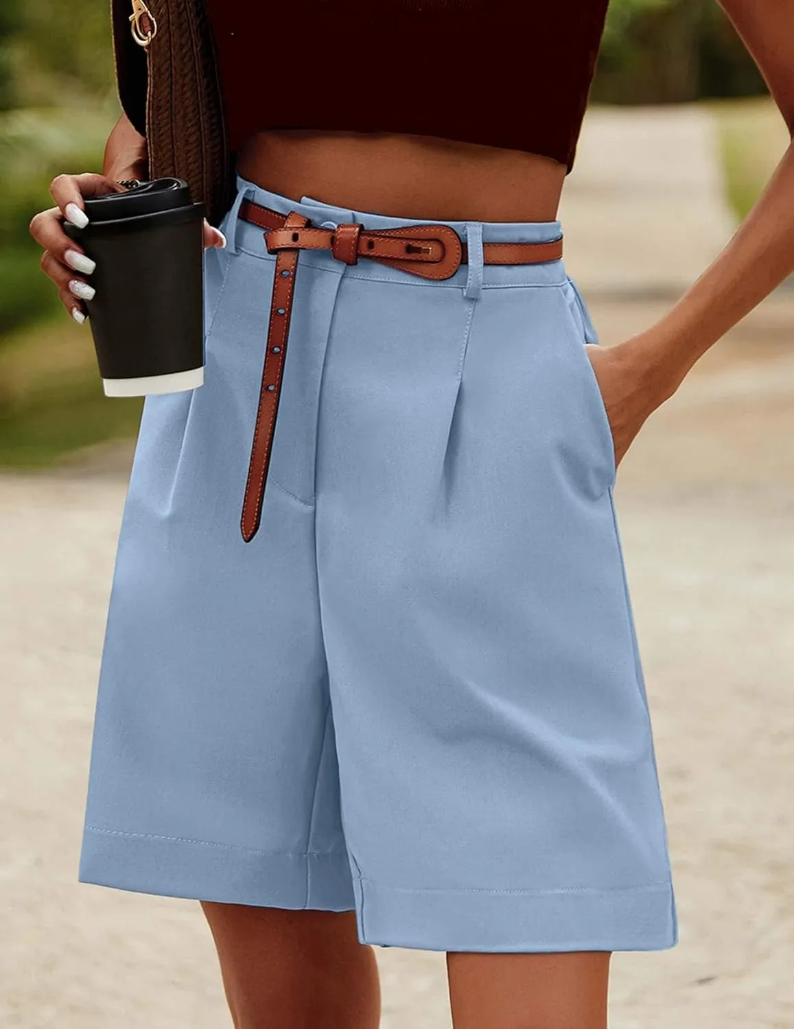 Beyove Shorts for Women Bermuda Shorts Casual Elastic High Waisted Wide Leg Shorts Knee Length Summer Shorts with Pockets