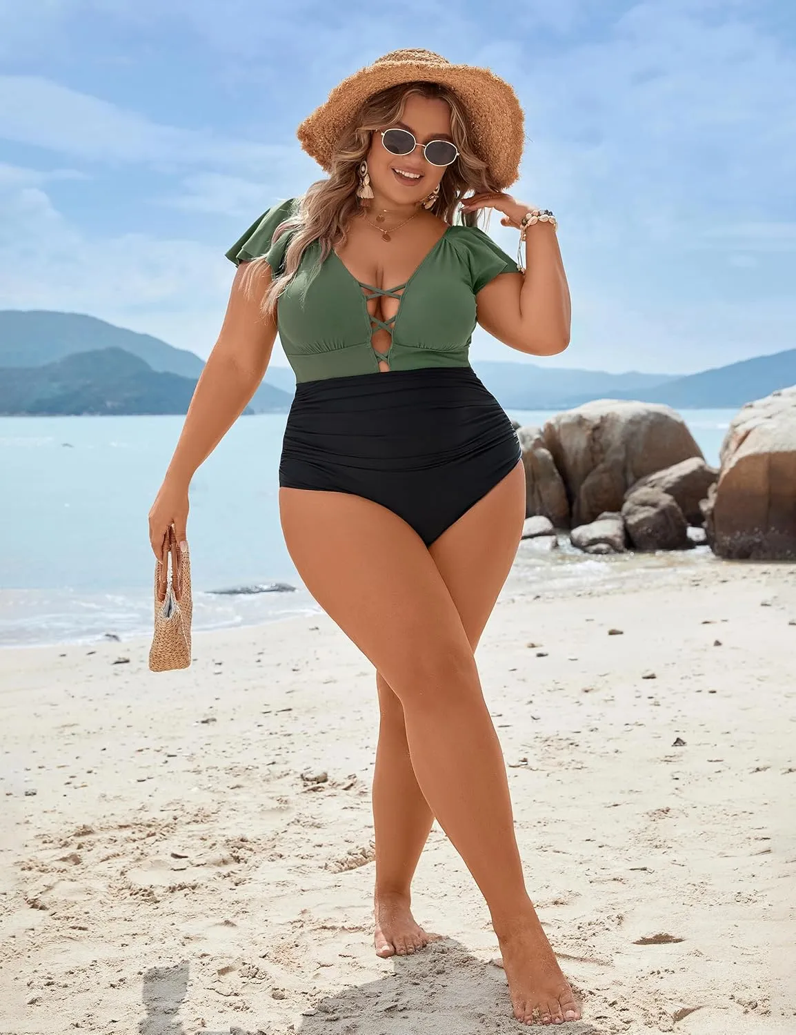 Blooming Jelly Women's Plus Size One Piece Swimsuit Tummy Control Bathing Suit Cute V Neck Maternity Swimwear