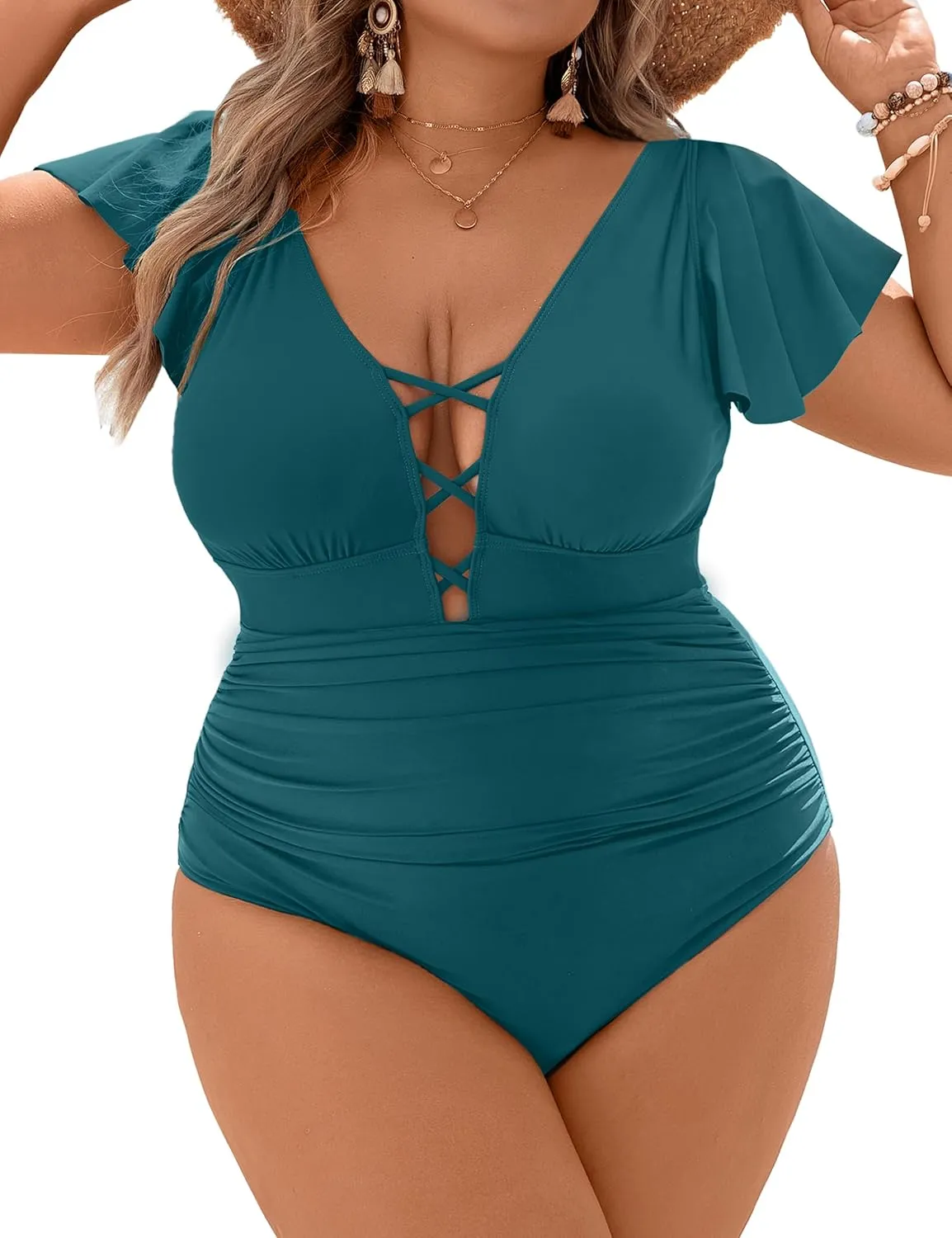 Blooming Jelly Women's Plus Size One Piece Swimsuit Tummy Control Bathing Suit Cute V Neck Maternity Swimwear