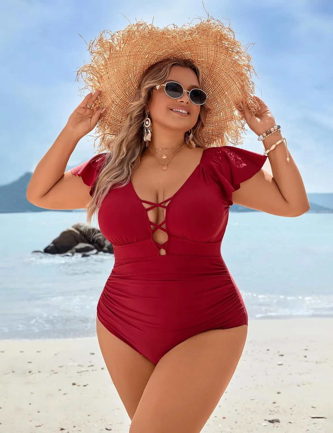 Blooming Jelly Women's Plus Size One Piece Swimsuit Tummy Control Bathing Suit Cute V Neck Maternity Swimwear