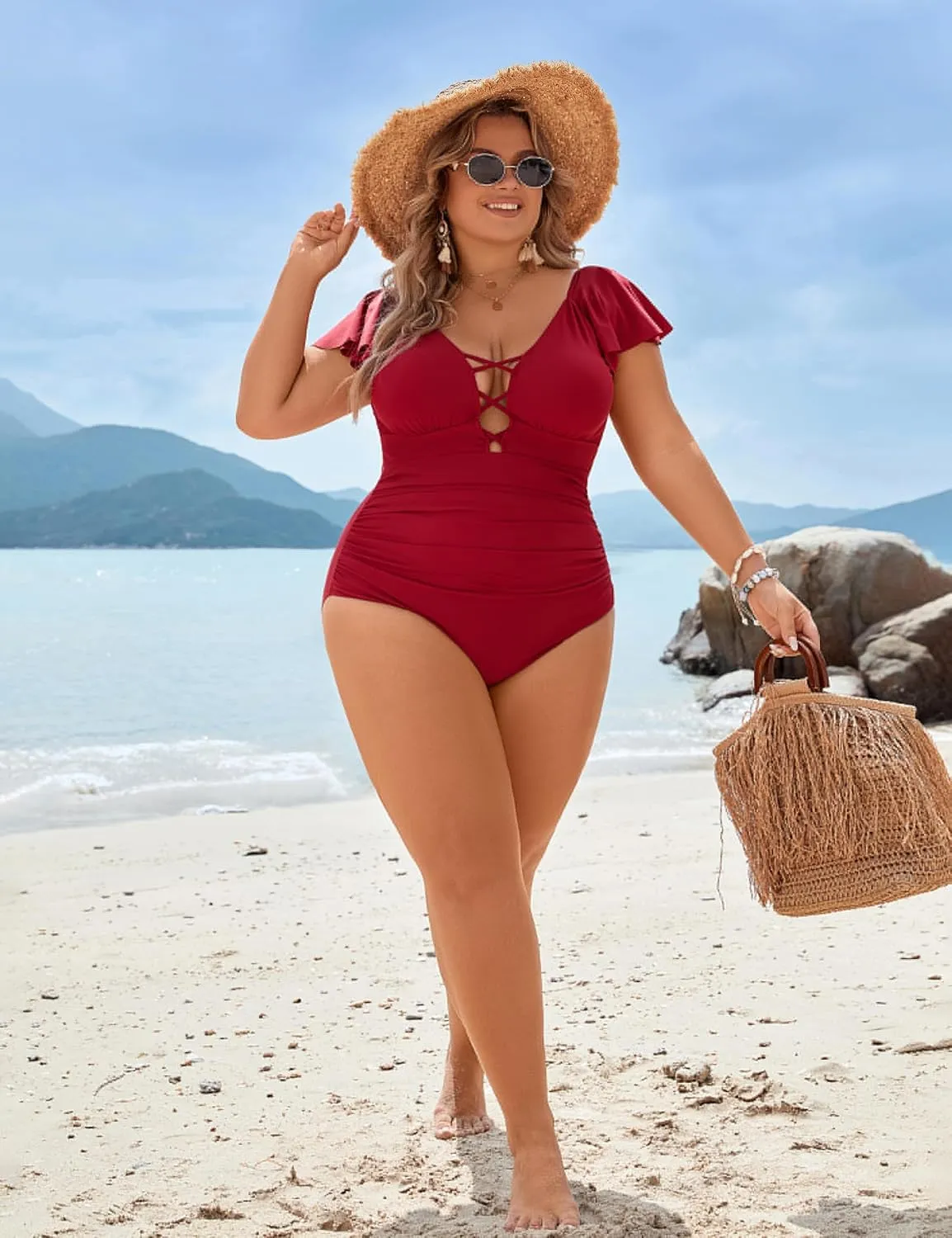 Blooming Jelly Women's Plus Size One Piece Swimsuit Tummy Control Bathing Suit Cute V Neck Maternity Swimwear