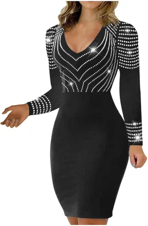 Bodycon Dresses for Women Sexy Nightclub Diamond Glitter V-Neck Long Sleeve Mini Dress Cocktail Party Night Club Dress
