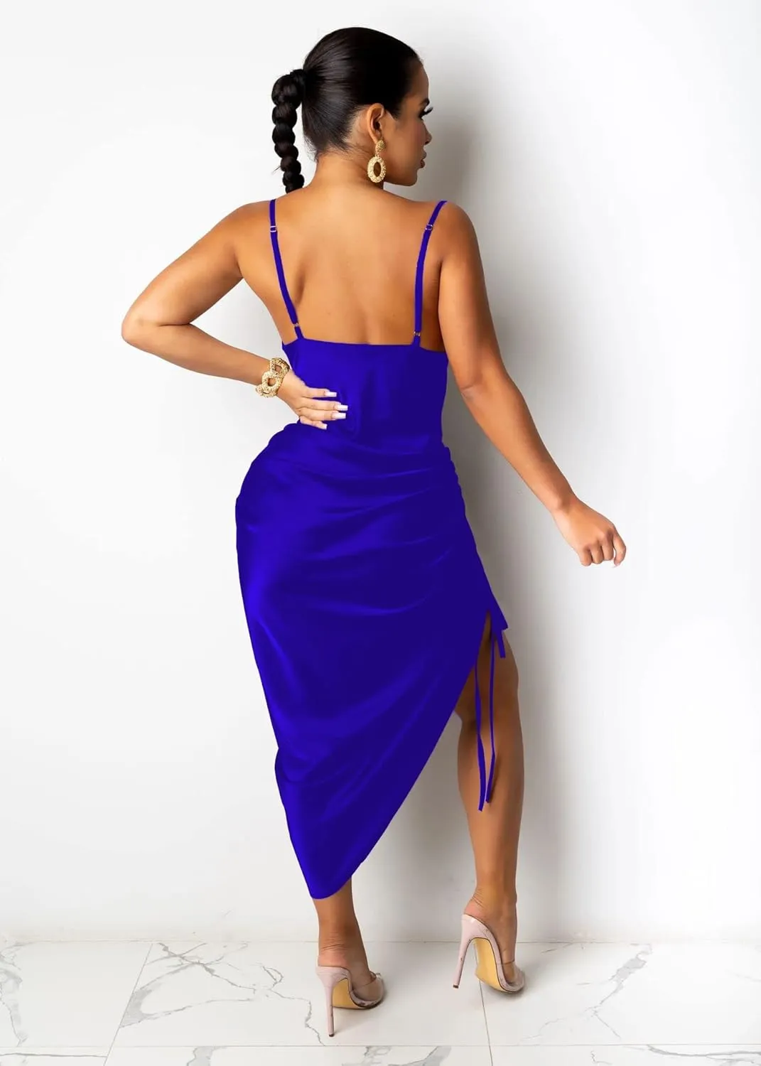 BOGURST Party Dress for Women Sexy Adjustable Ruched Spaghetti Strap Bodycon Dress Drawstring Side Slit Slip