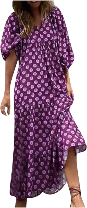 Boho Maxi Dresses for Women 2025 Casual Loose Fit Summer Long Bohemian Dress 3/4 Sleeve V Neck Plus Size Flowy Spring Dress