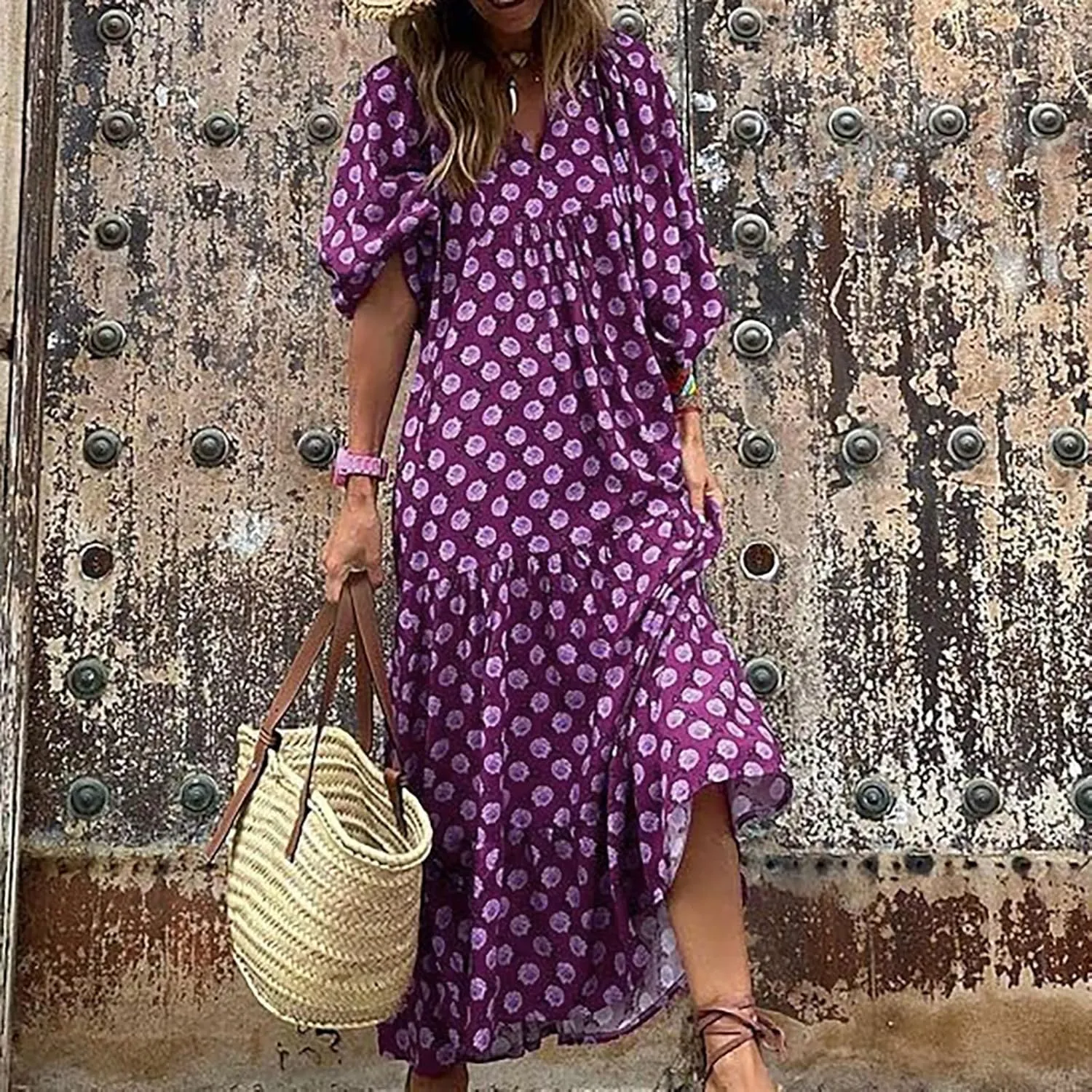 Boho Maxi Dresses for Women 2025 Casual Loose Fit Summer Long Bohemian Dress 3/4 Sleeve V Neck Plus Size Flowy Spring Dress