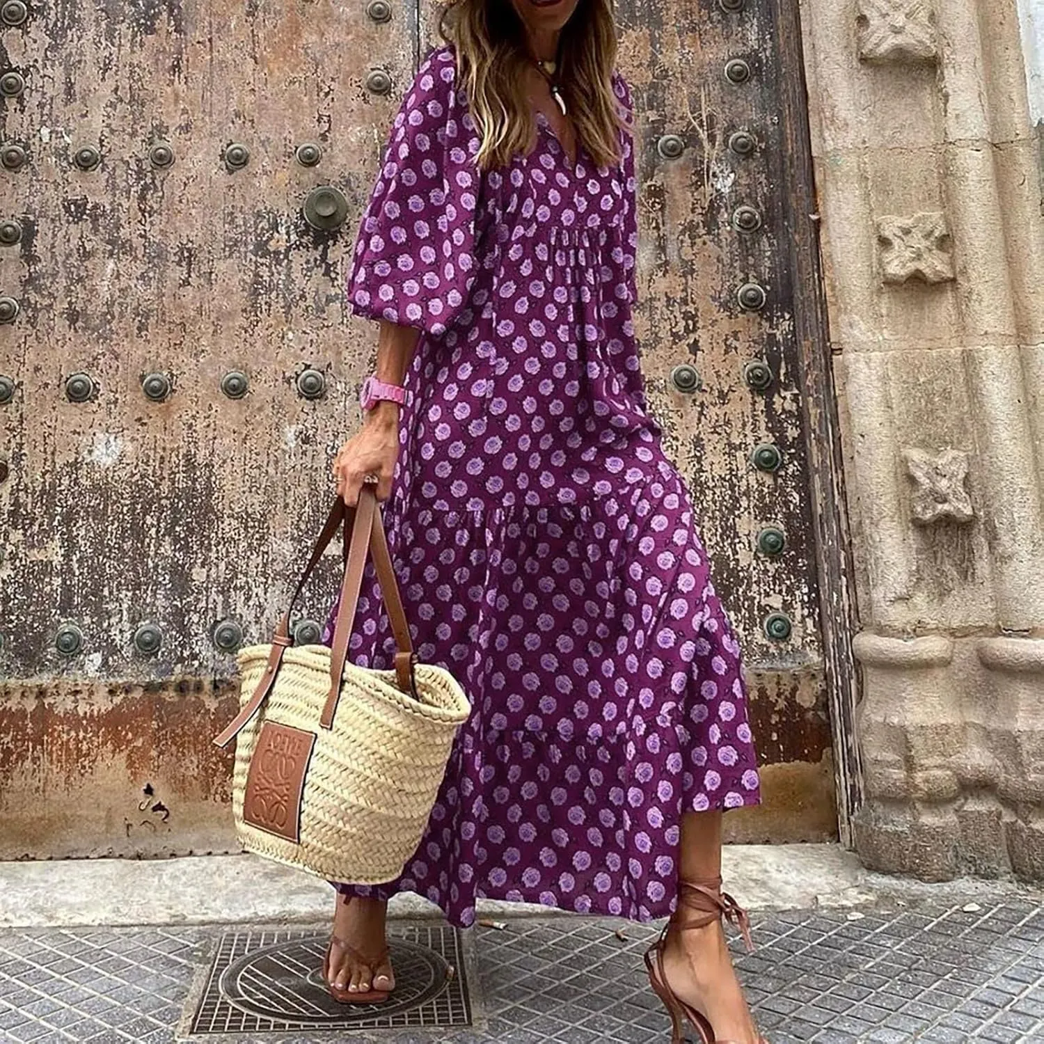 Boho Maxi Dresses for Women 2025 Casual Loose Fit Summer Long Bohemian Dress 3/4 Sleeve V Neck Plus Size Flowy Spring Dress