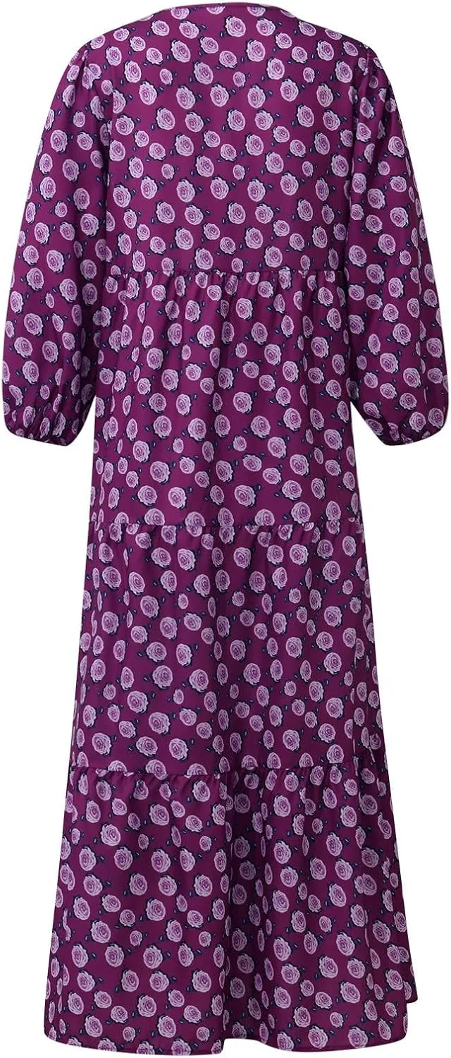 Boho Maxi Dresses for Women 2025 Casual Loose Fit Summer Long Bohemian Dress 3/4 Sleeve V Neck Plus Size Flowy Spring Dress