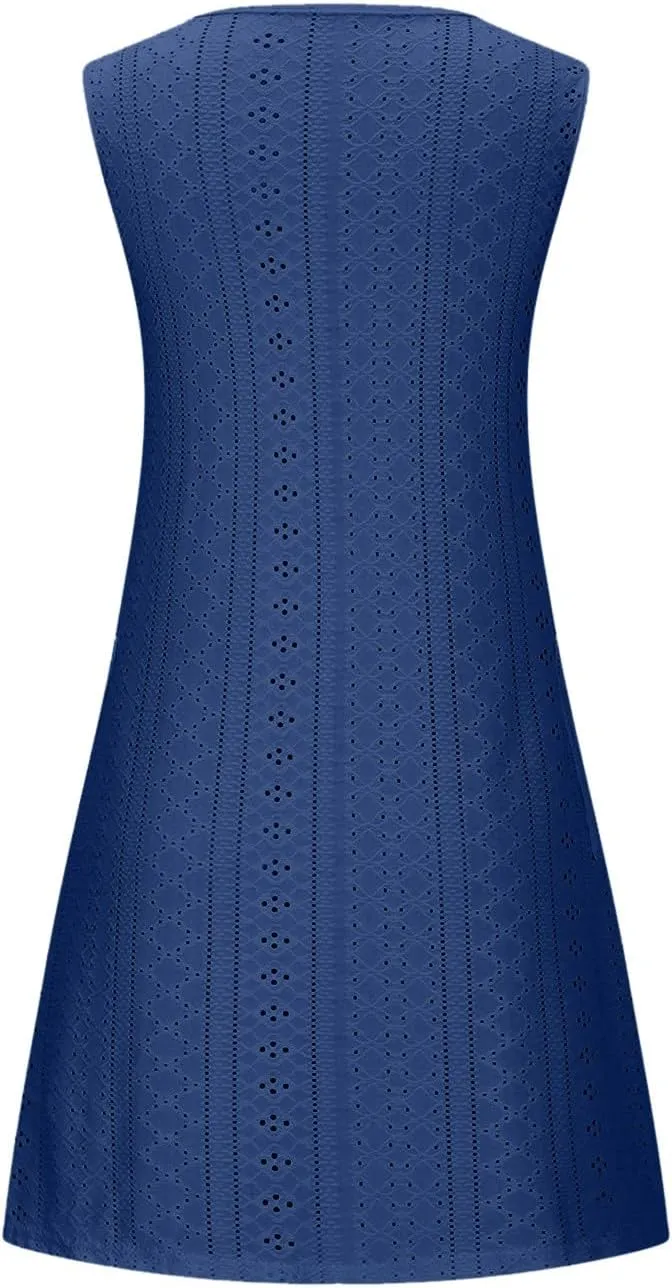 Borniu Tank Dress Womens Elegant T-Shirt Summer Eyelet Dresses Sleeveless Swing A Line Vacation Beach Sundress with Pockets