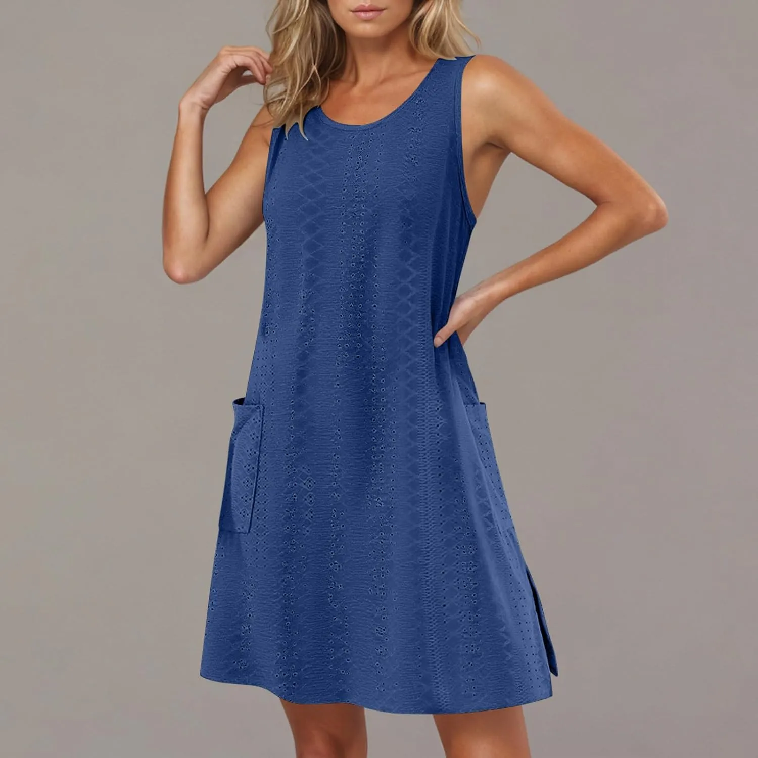 Borniu Tank Dress Womens Elegant T-Shirt Summer Eyelet Dresses Sleeveless Swing A Line Vacation Beach Sundress with Pockets