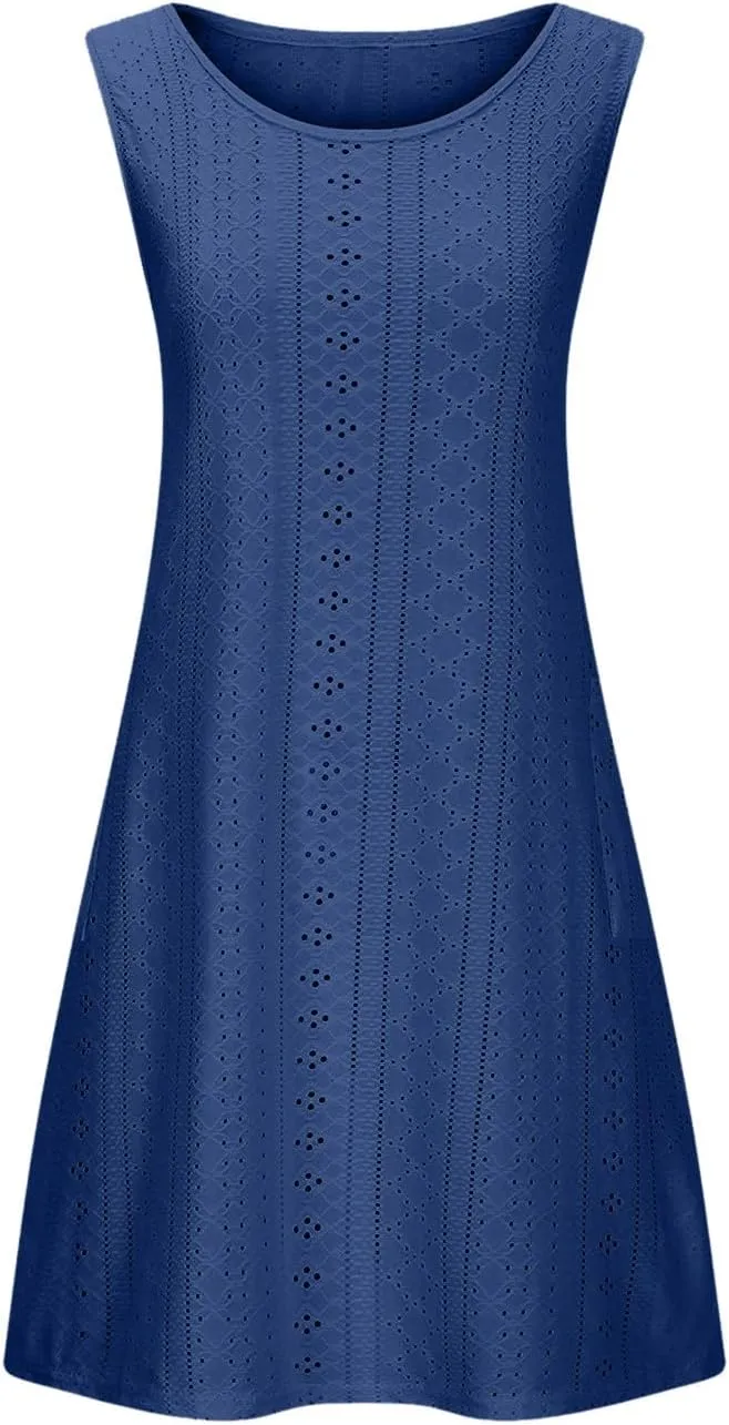 Borniu Tank Dress Womens Elegant T-Shirt Summer Eyelet Dresses Sleeveless Swing A Line Vacation Beach Sundress with Pockets