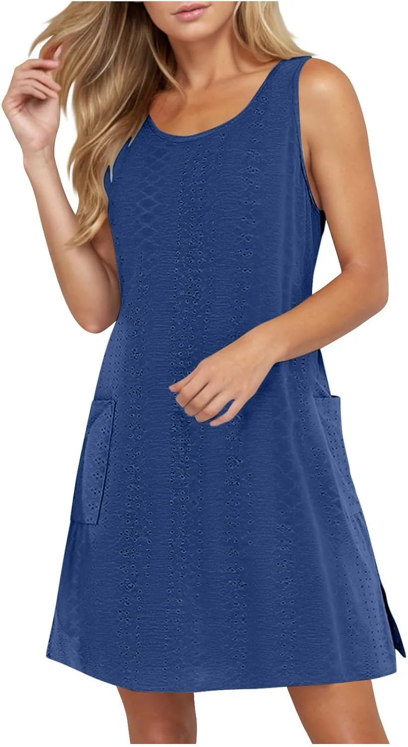 Borniu Tank Dress Womens Elegant T-Shirt Summer Eyelet Dresses Sleeveless Swing A Line Vacation Beach Sundress with Pockets