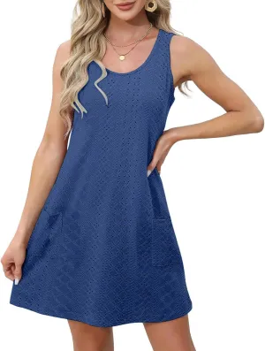 Borniu Tank Dress Womens Elegant T-Shirt Summer Eyelet Dresses Sleeveless Swing A Line Vacation Beach Sundress with Pockets