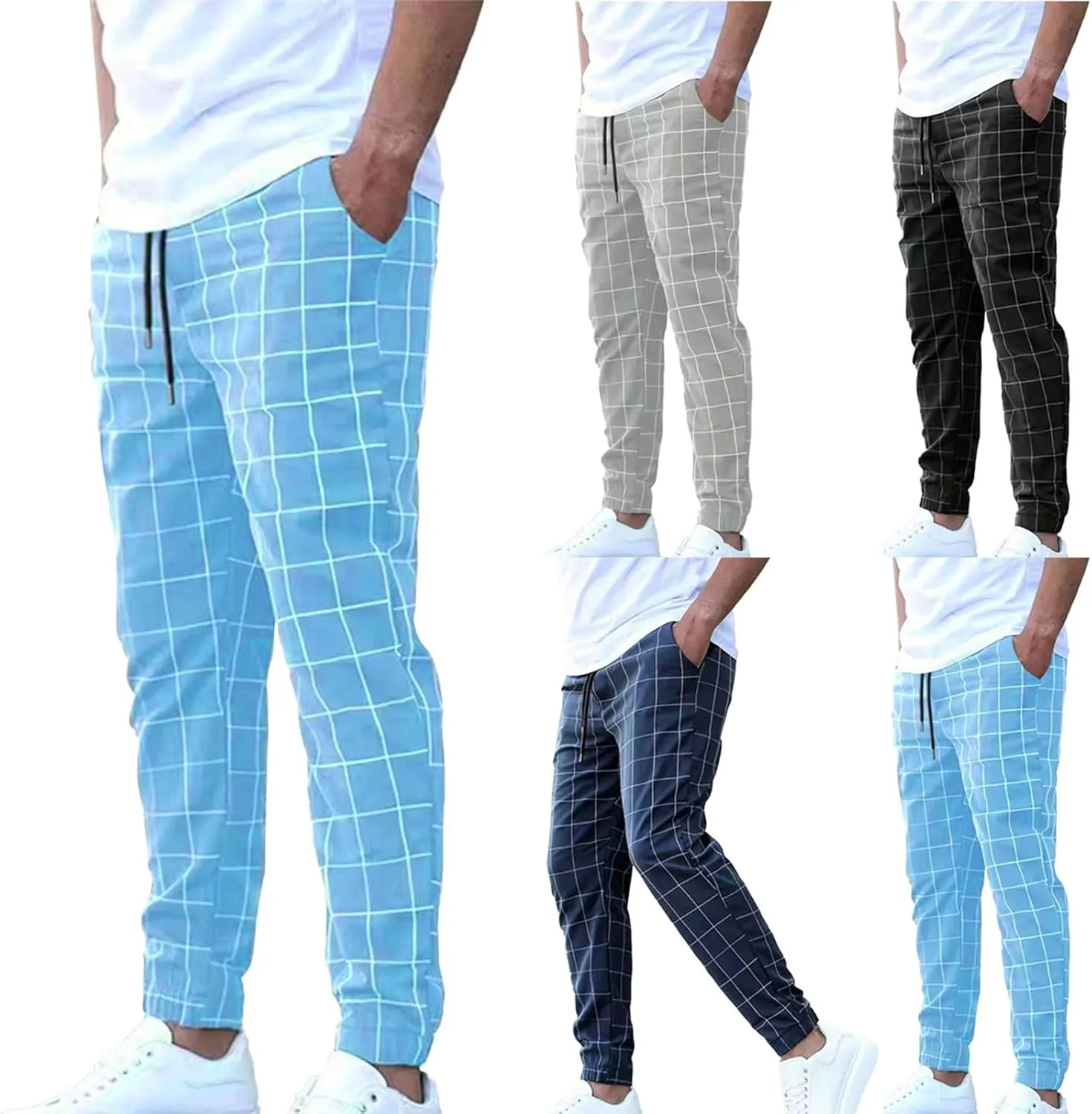 Cambkatl Men's Drawstring Plaid Dress Pants Stretch Business Casual Elastic Waist Golf Suit Pants with Pockets