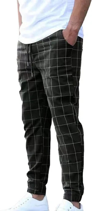 Cambkatl Men's Drawstring Plaid Dress Pants Stretch Business Casual Elastic Waist Golf Suit Pants with Pockets