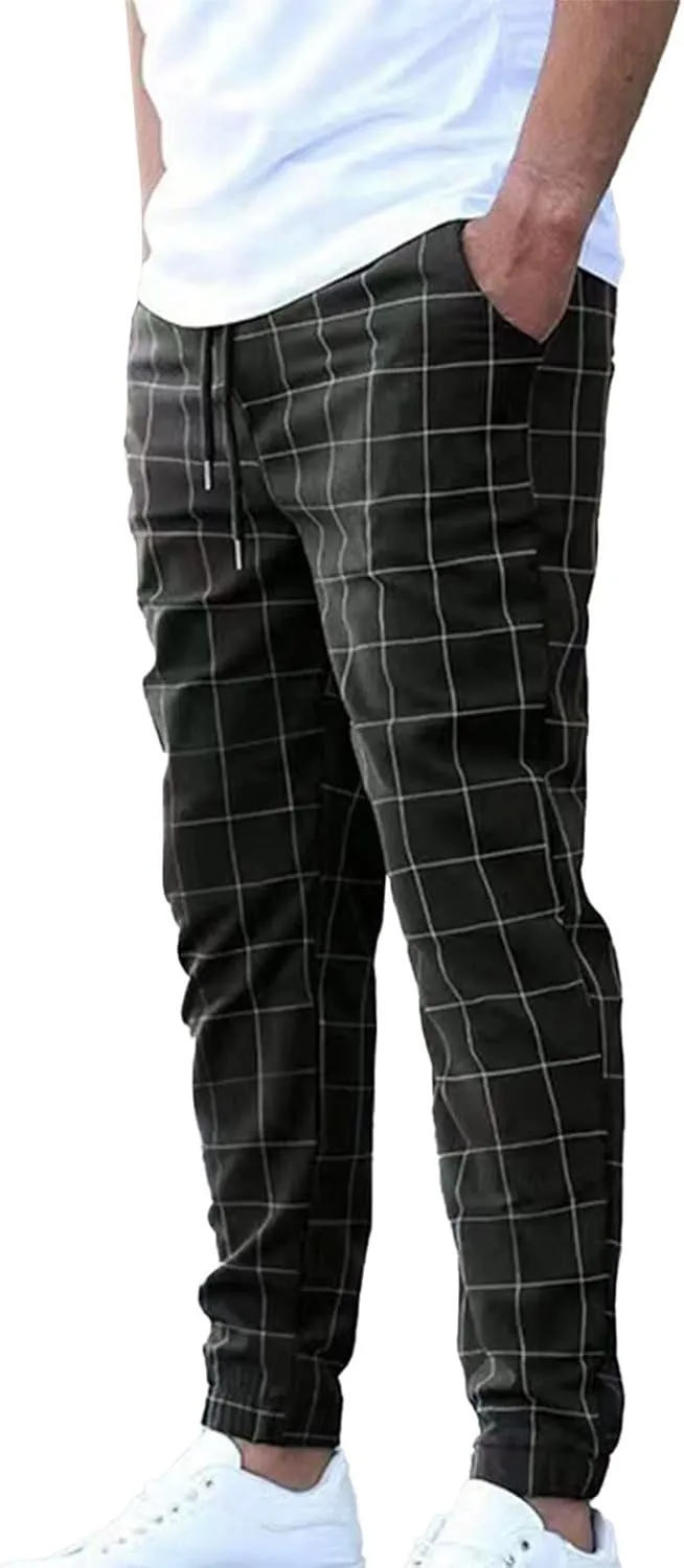 Cambkatl Men's Drawstring Plaid Dress Pants Stretch Business Casual Elastic Waist Golf Suit Pants with Pockets