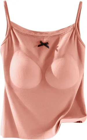 Camisole Top for Women Cute Lace Bow Spaghetti Strap Cami Tops with Built-In Bra Casual Comfort Basic Underwear Soft
