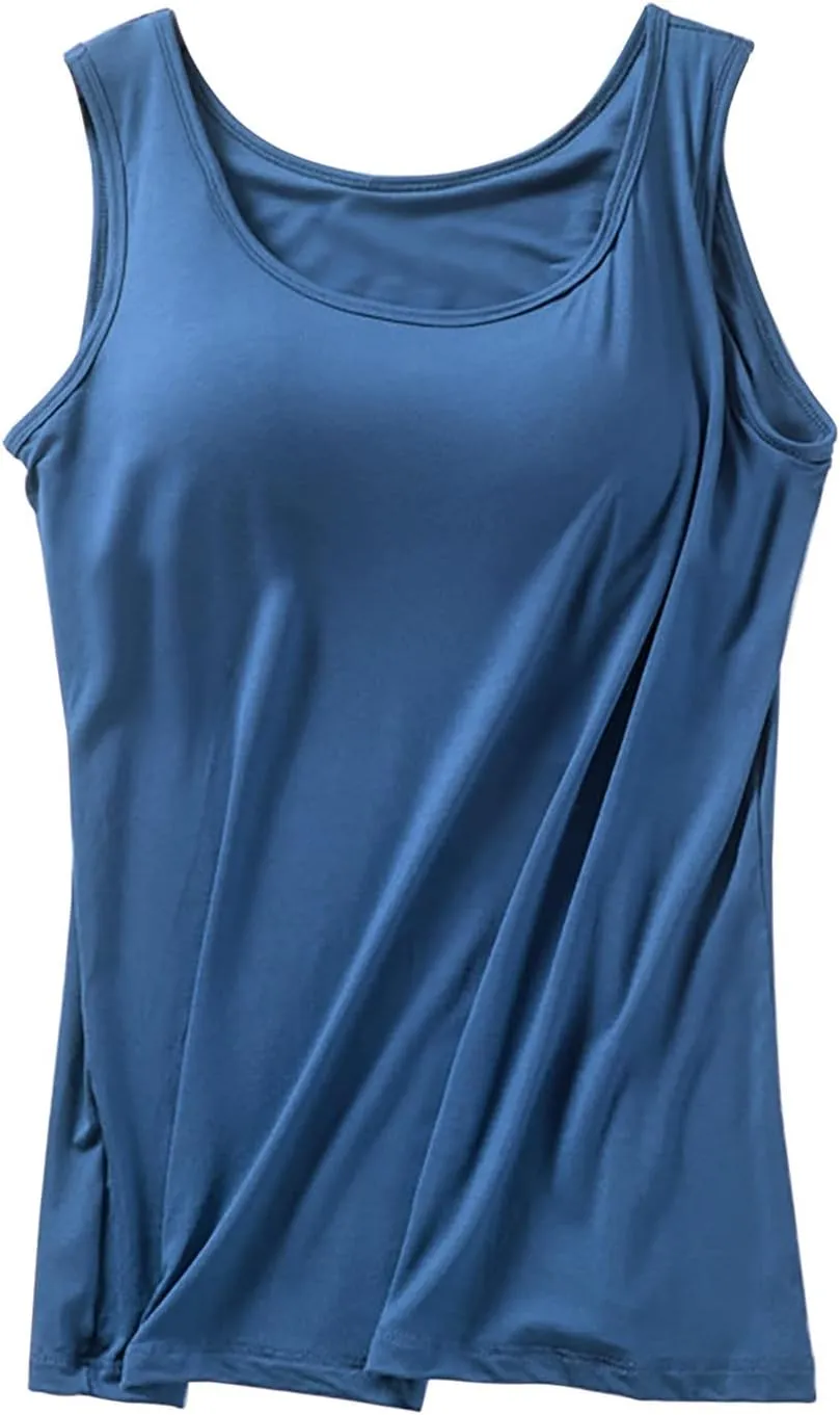 Camisole Tops with Built in Bra for Women Summer Casual Loose Chest Pad Vest Running Layering Yoga Outfits Cami Shirts