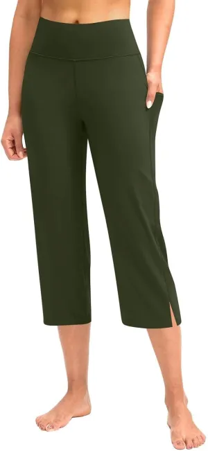 Capri Pants for Women Dressy Casual Stretch Wide Leg Yoga Dress Capris Summer Loose Split Work Crop Pant with Pocket