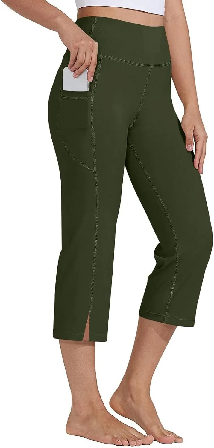 Capri Pants for Women Dressy Casual Stretch Wide Leg Yoga Dress Capris Summer Loose Split Work Crop Pant with Pocket