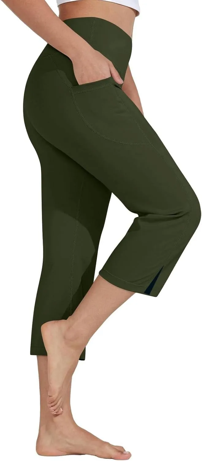 Capri Pants for Women Dressy Casual Stretch Wide Leg Yoga Dress Capris Summer Loose Split Work Crop Pant with Pocket