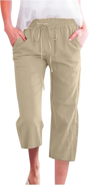 Capri Pants Women Drawstring Linen Pant Elastic Waist Straight Wide Leg Cropped Pants Loose Casual Trousers