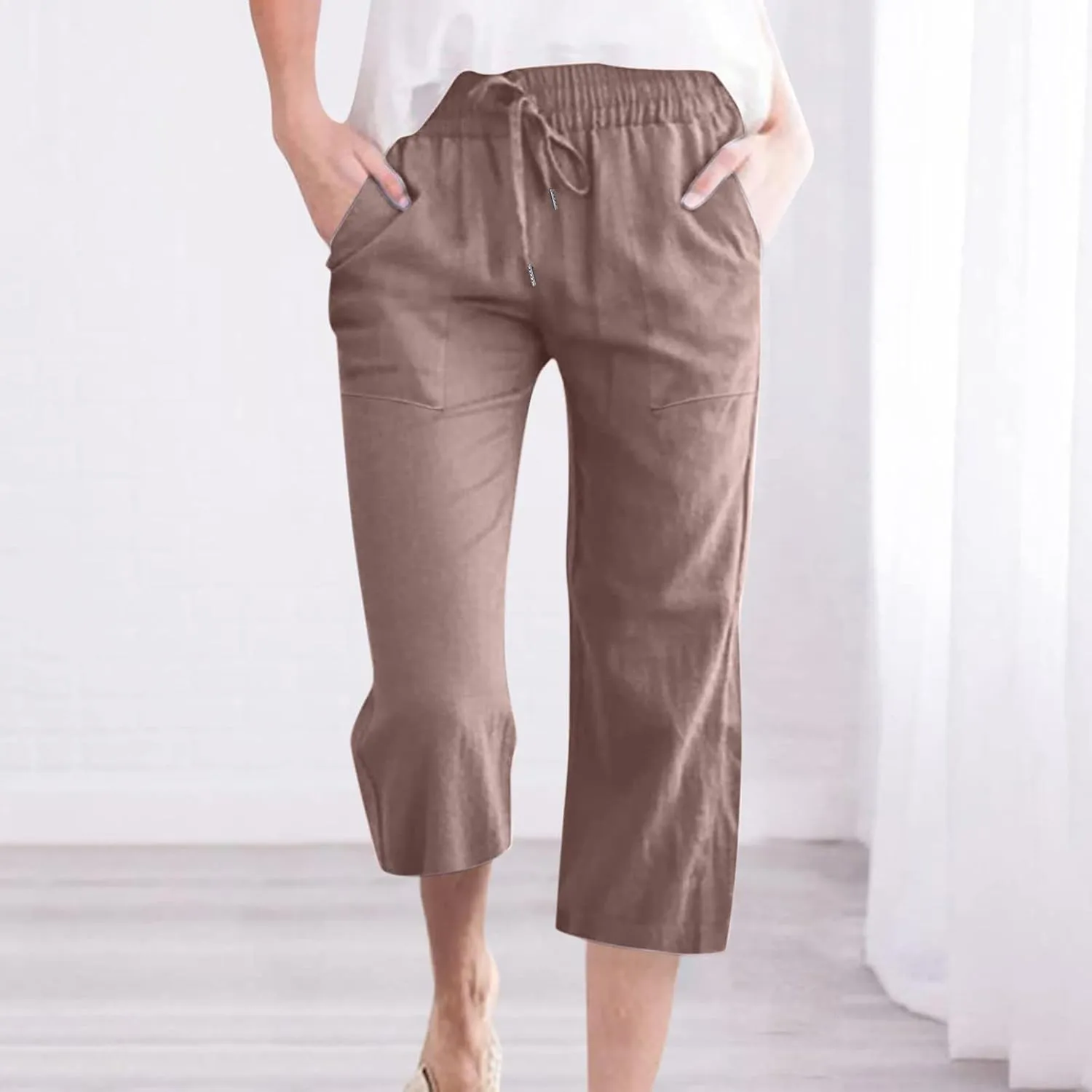 Capri Pants Women Drawstring Linen Pant Elastic Waist Straight Wide Leg Cropped Pants Loose Casual Trousers
