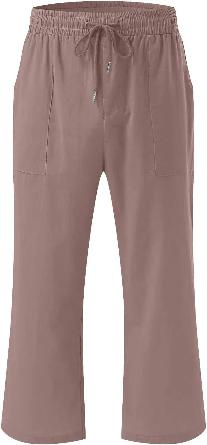 Capri Pants Women Drawstring Linen Pant Elastic Waist Straight Wide Leg Cropped Pants Loose Casual Trousers