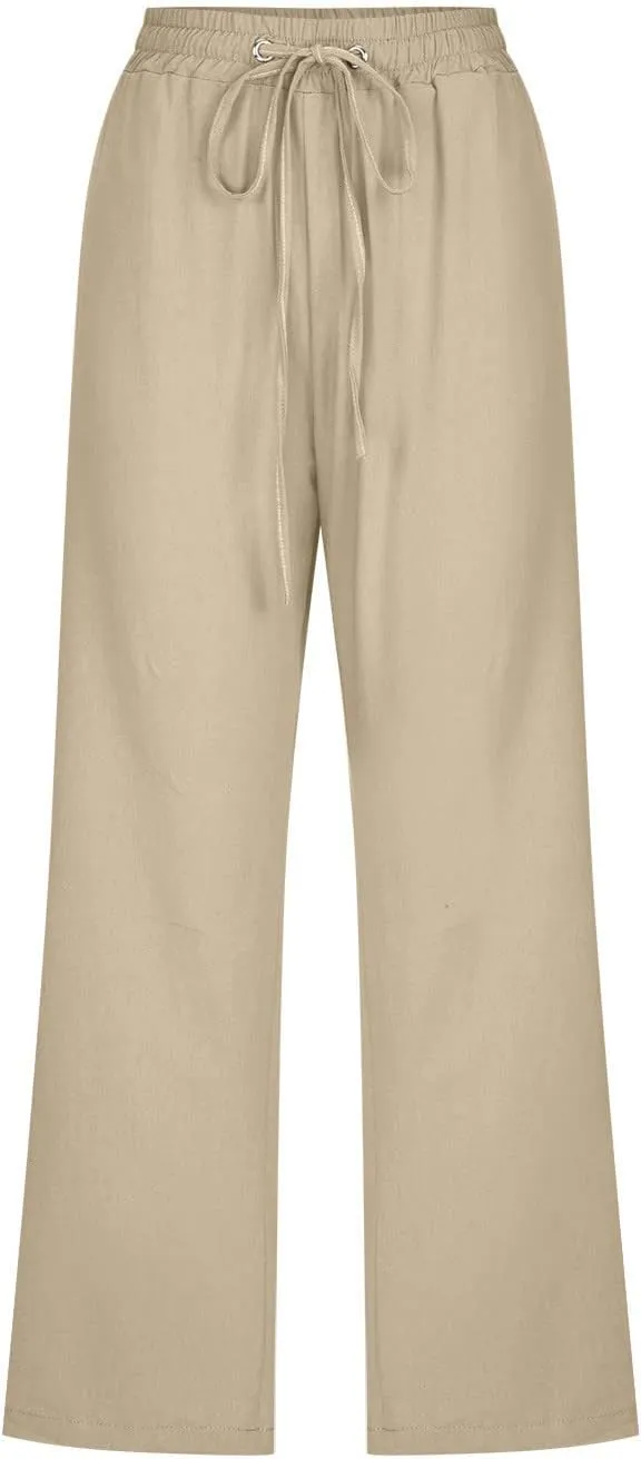 Capri Pants Women Drawstring Linen Pant Elastic Waist Straight Wide Leg Cropped Pants Loose Casual Trousers