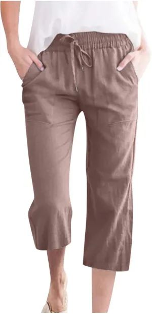 Capri Pants Women Drawstring Linen Pant Elastic Waist Straight Wide Leg Cropped Pants Loose Casual Trousers