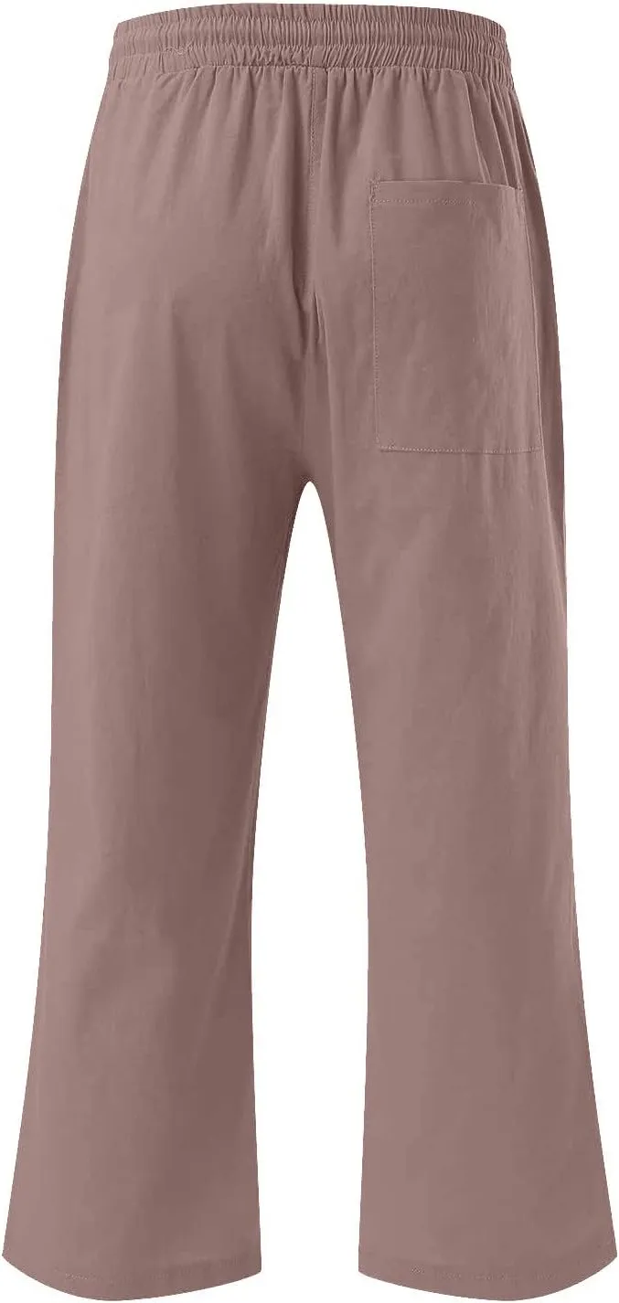 Capri Pants Women Drawstring Linen Pant Elastic Waist Straight Wide Leg Cropped Pants Loose Casual Trousers