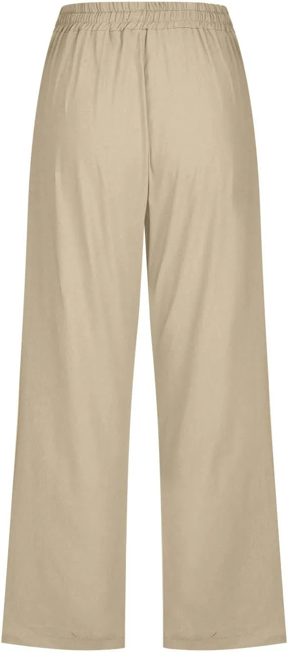 Capri Pants Women Drawstring Linen Pant Elastic Waist Straight Wide Leg Cropped Pants Loose Casual Trousers