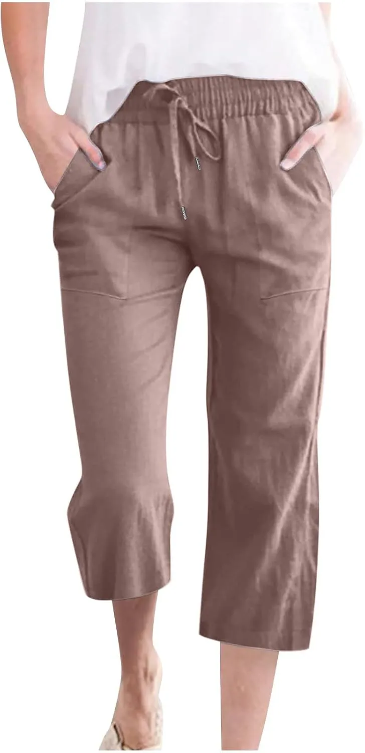 Capri Pants Women Drawstring Linen Pant Elastic Waist Straight Wide Leg Cropped Pants Loose Casual Trousers