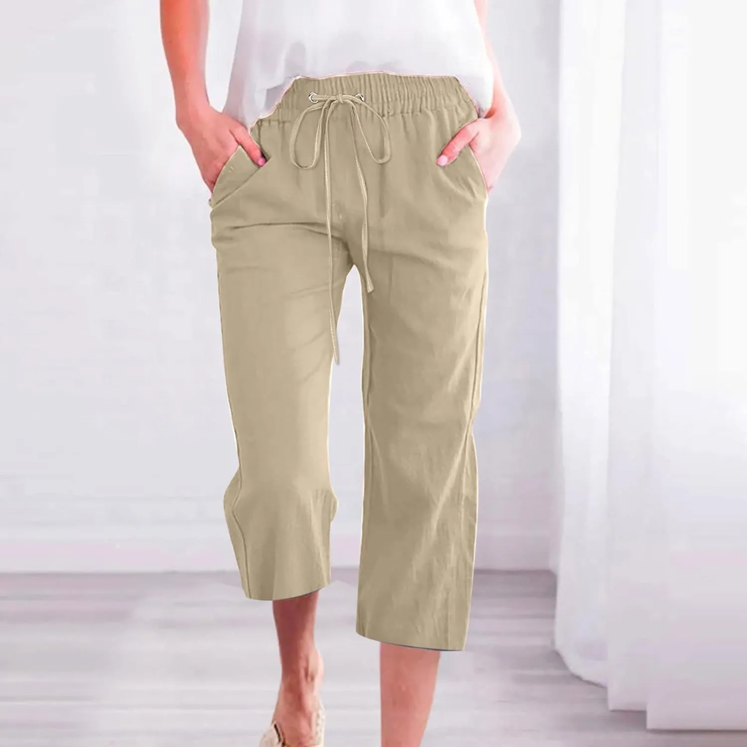 Capri Pants Women Drawstring Linen Pant Elastic Waist Straight Wide Leg Cropped Pants Loose Casual Trousers