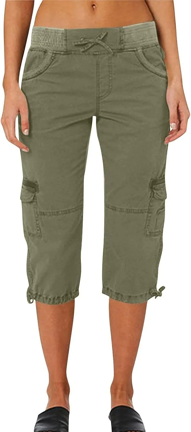 Cargo Capris for Women Relaxed Fit Straight Leg Linen Pants Summer Elastic High Waisted Cropped Pants with Pockets