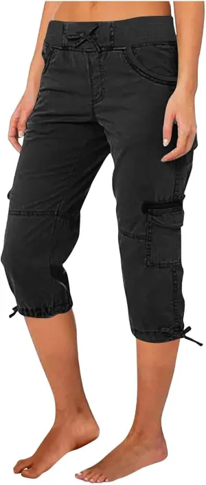Cargo Capris for Women Relaxed Fit Straight Leg Linen Pants Summer Elastic High Waisted Cropped Pants with Pockets