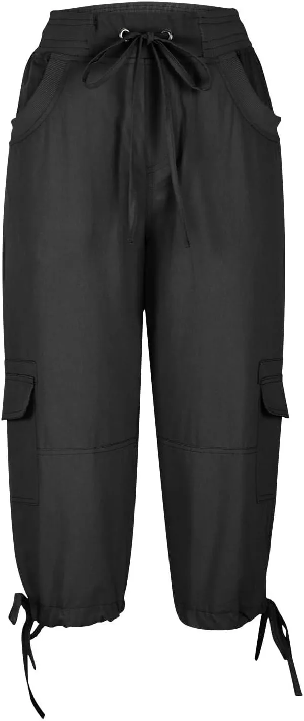 Cargo Capris for Women Relaxed Fit Straight Leg Linen Pants Summer Elastic High Waisted Cropped Pants with Pockets