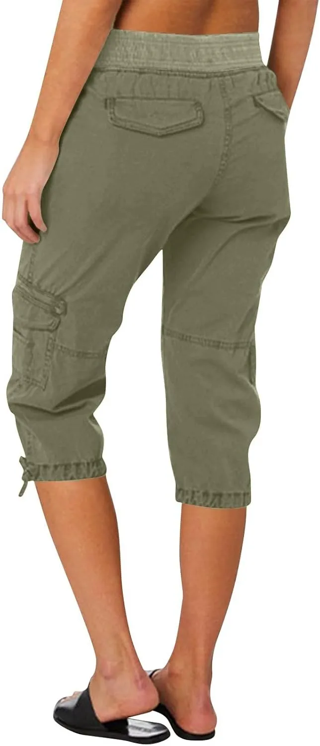 Cargo Capris for Women Relaxed Fit Straight Leg Linen Pants Summer Elastic High Waisted Cropped Pants with Pockets