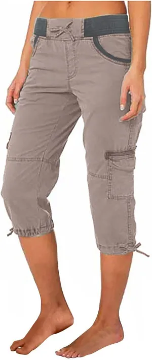 Cargo Capris for Women Relaxed Fit Straight Leg Linen Pants Summer Elastic High Waisted Cropped Pants with Pockets