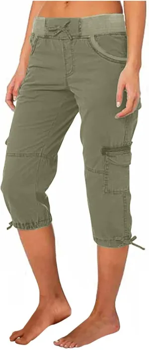 Cargo Capris for Women Relaxed Fit Straight Leg Linen Pants Summer Elastic High Waisted Cropped Pants with Pockets