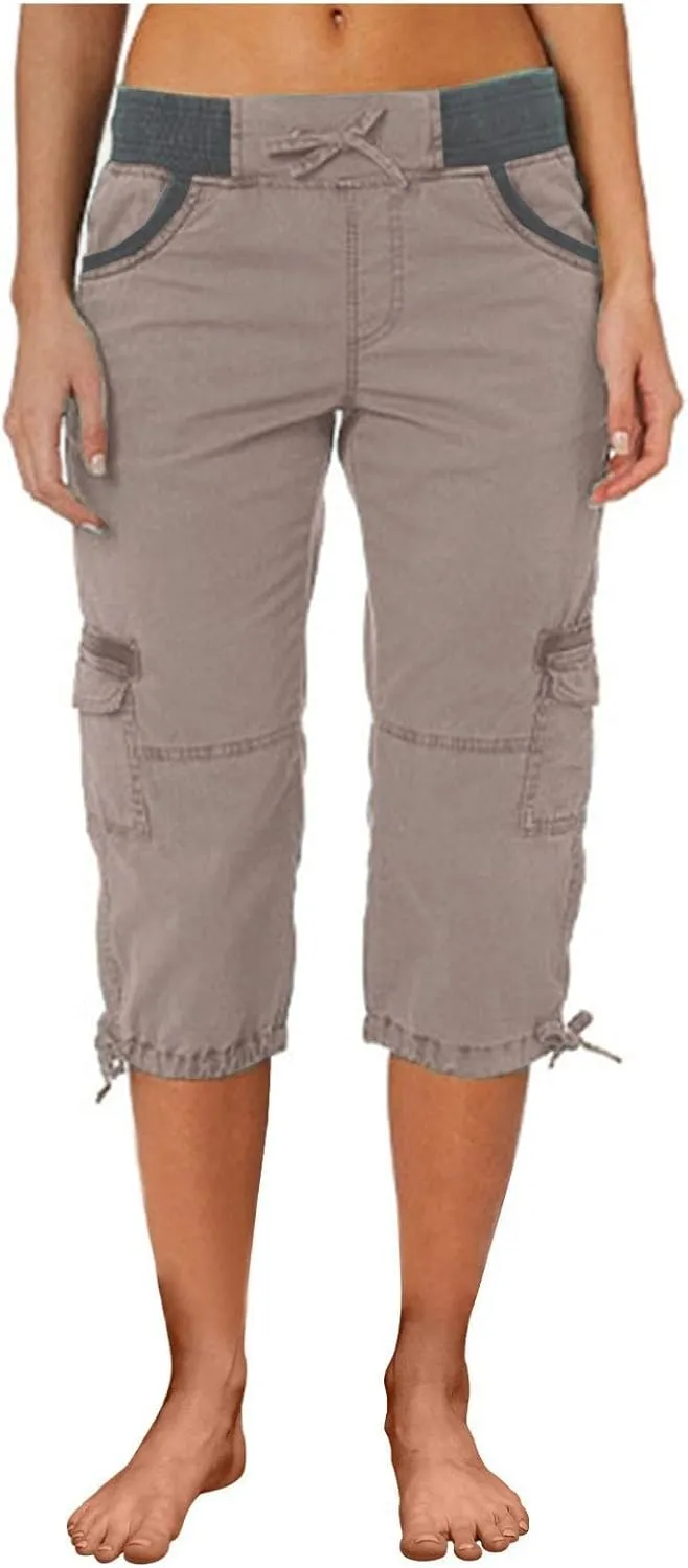 Cargo Capris for Women Relaxed Fit Straight Leg Linen Pants Summer Elastic High Waisted Cropped Pants with Pockets