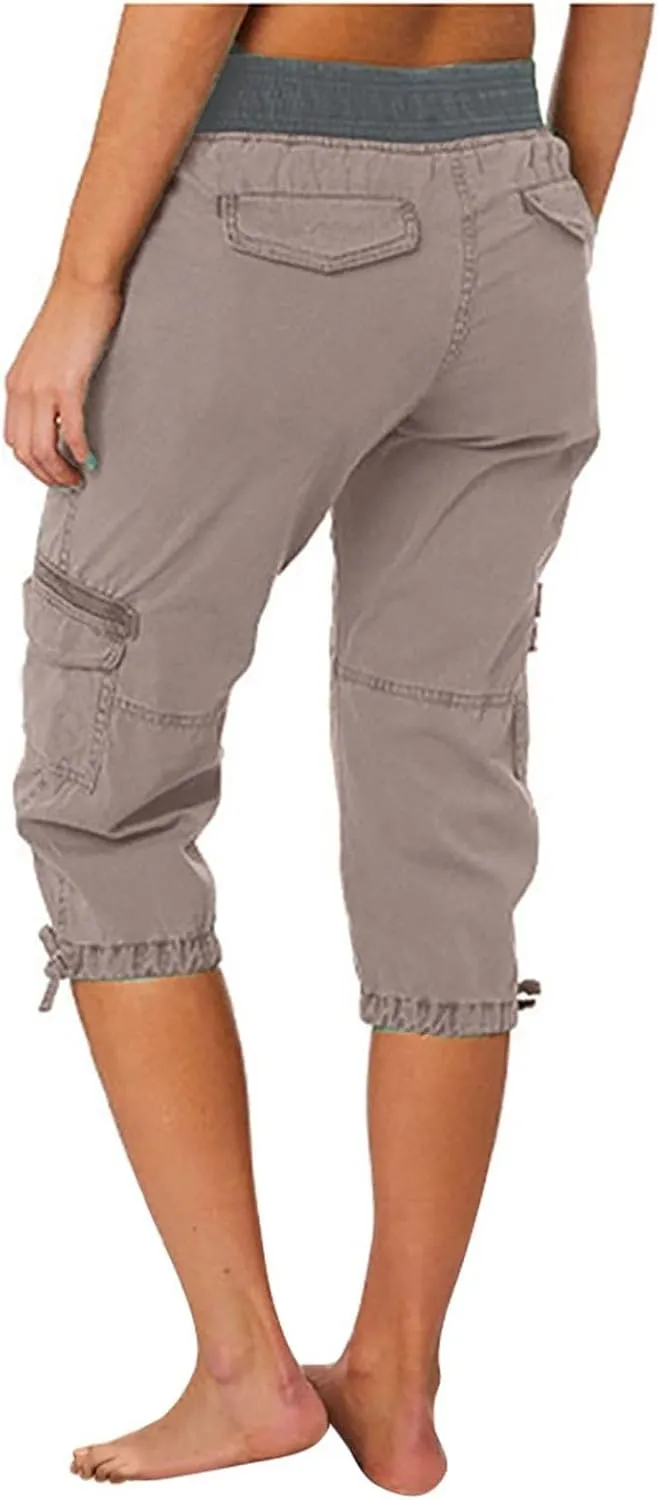 Cargo Capris for Women Relaxed Fit Straight Leg Linen Pants Summer Elastic High Waisted Cropped Pants with Pockets