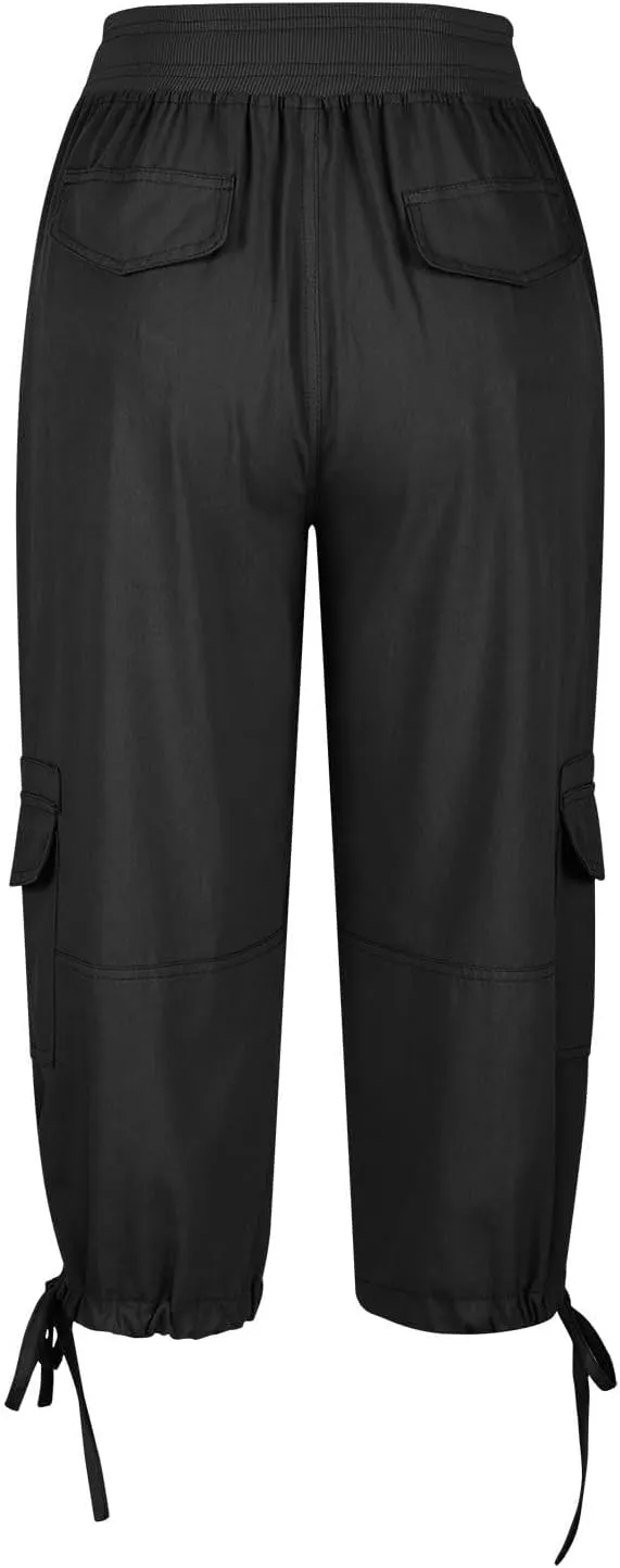 Cargo Capris for Women Relaxed Fit Straight Leg Linen Pants Summer Elastic High Waisted Cropped Pants with Pockets