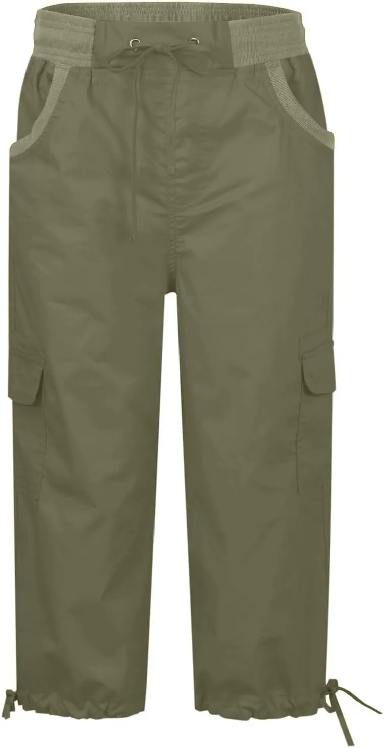 Cargo Capris for Women Relaxed Fit Straight Leg Linen Pants Summer Elastic High Waisted Cropped Pants with Pockets