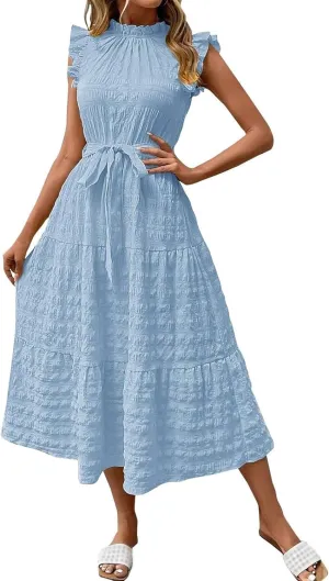Casual Dresses for Women Ruffle Crewneck Belt Dress Puff Short Sleeve Maxi Dresses Smocked Flowy Ruffle Boho Dress